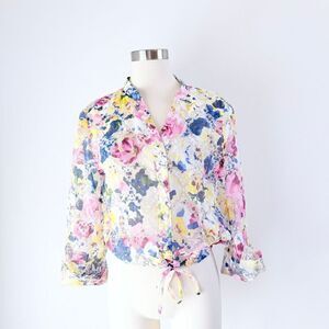 Lark Lane Sheer Flower Floral Velvet Burnout Button Down Blouse Top Shirt Large